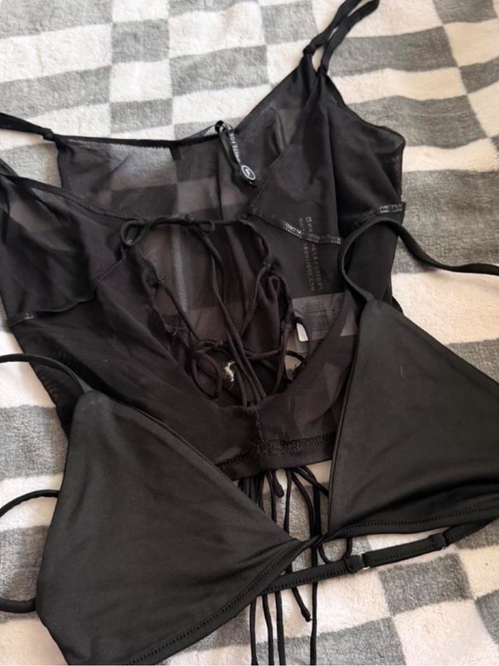 White Fox Boutique Black Sheer Lace-Up Tank with Triangle Bralette